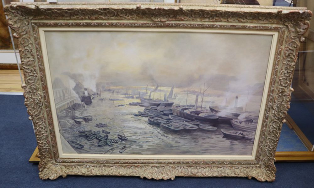 Susie Ray after Arthur Severn, oil on canvas, Winter sunset, Westminster, signed and inscribed, 56 87cm